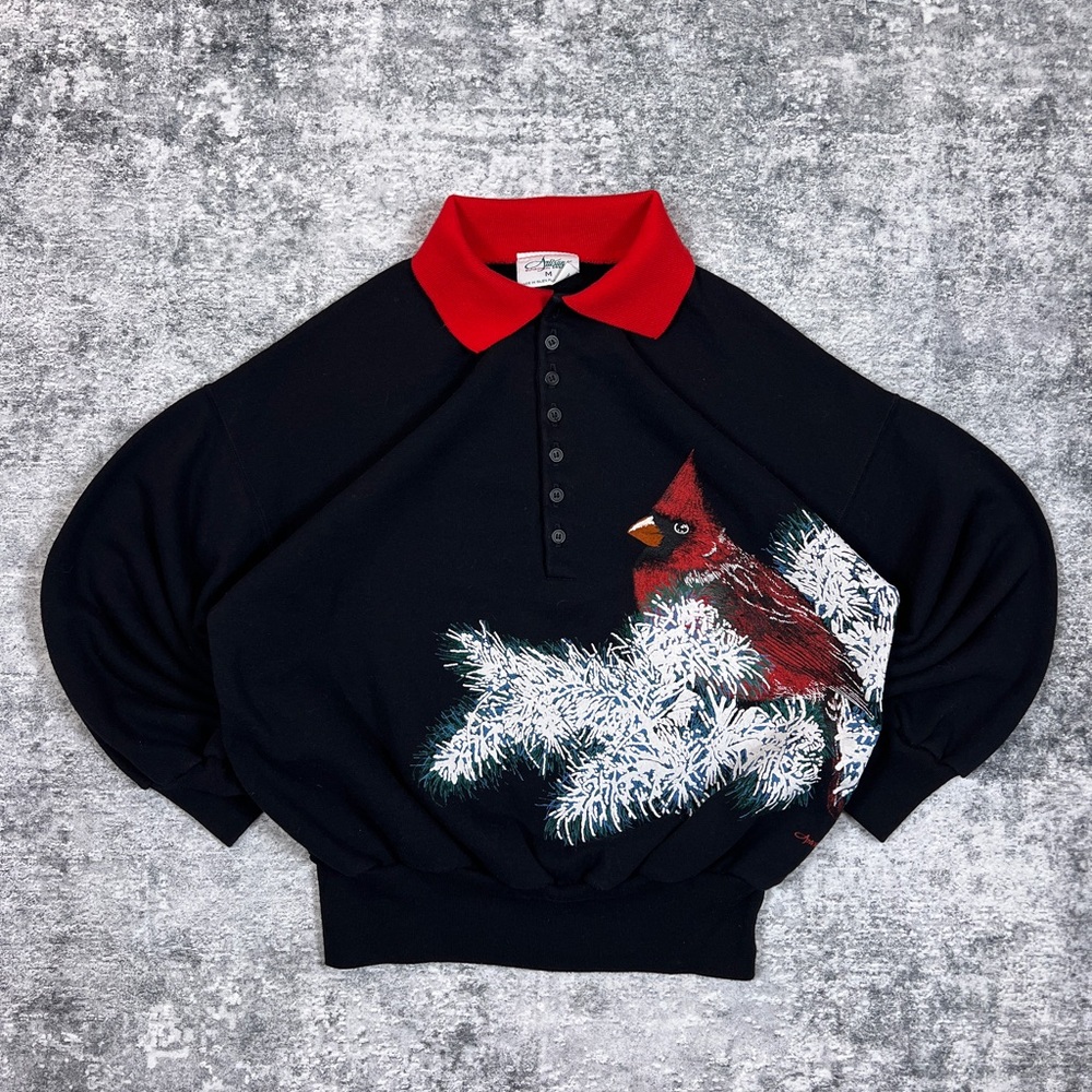 Vintage 90s Winter Cardinal Wrap Around Crewneck Sweatshirt Made in USA